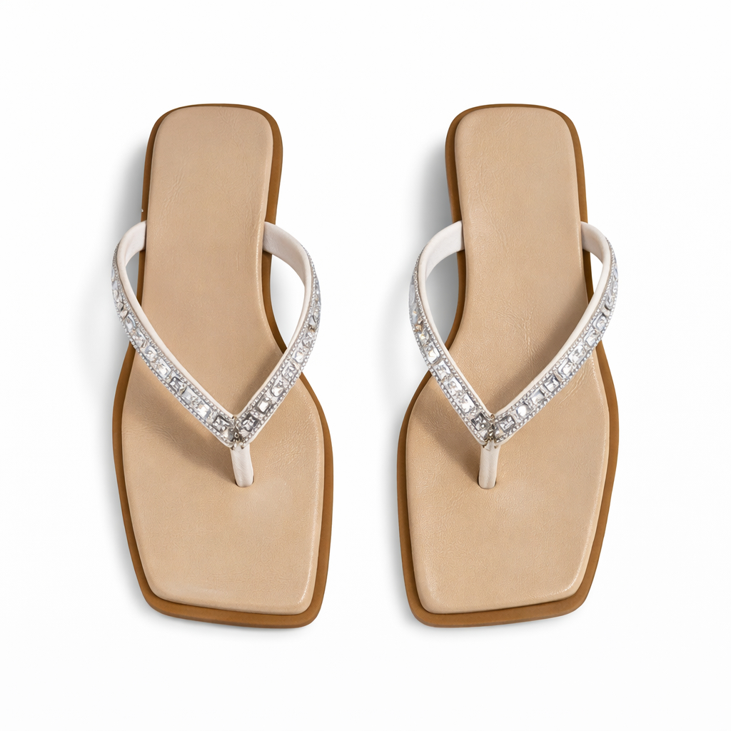 Rhinestone Thong Flat Sandals with Square Toe