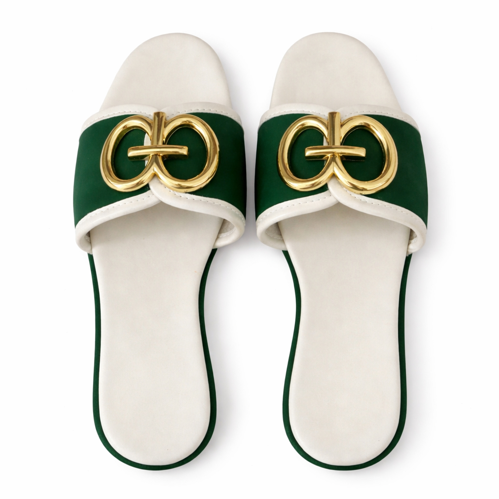 Women Low Heel Slide Sandals with Decorative Metal Detail