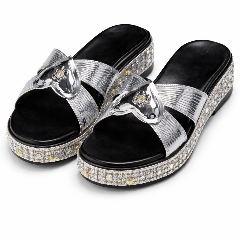 Women Wedge Slide Sandals with Metallic Cross Straps and Heart Detail