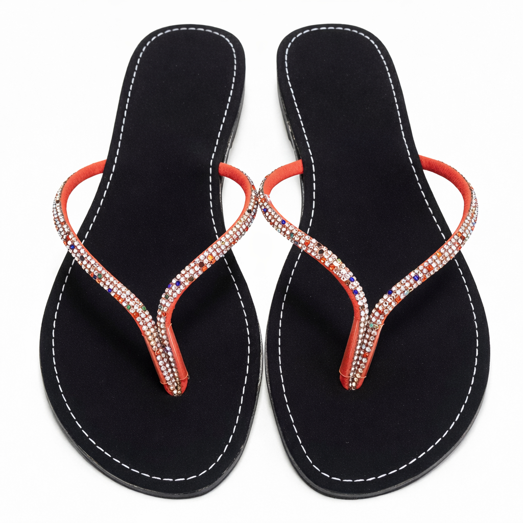 Women Flat ToePost Sandals with Red Rhinestone Strap