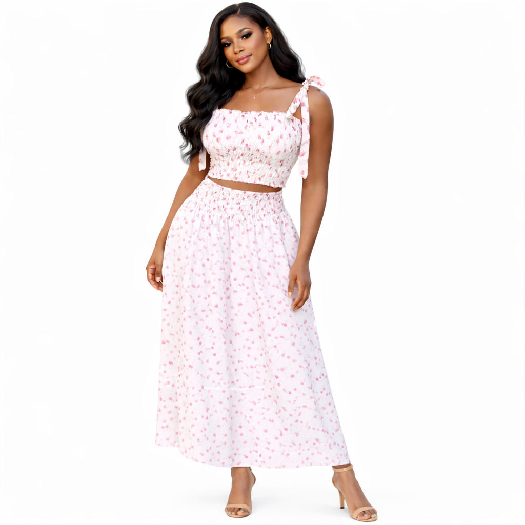 Floral Smocked Crop Top and Wide Leg Pants Set