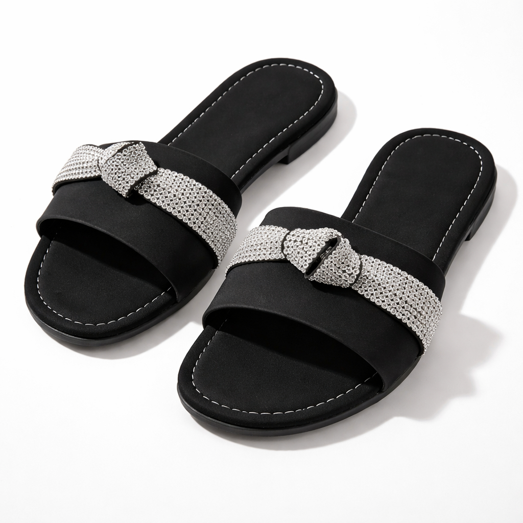 Womens Flat Slide Sandals with Crystal Strap
