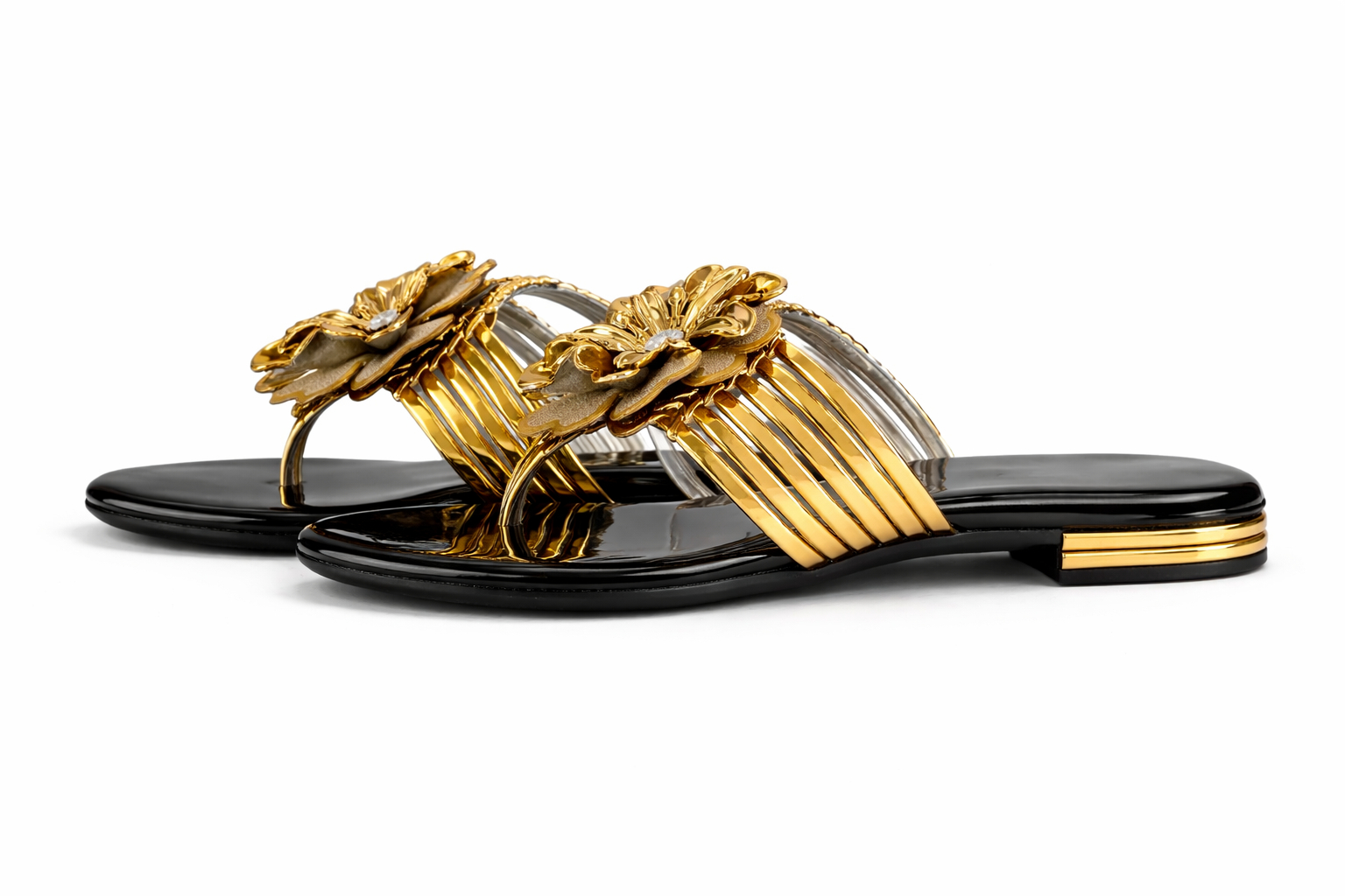 Women Metallic Strap Flat Sandals with Floral Golden Accent