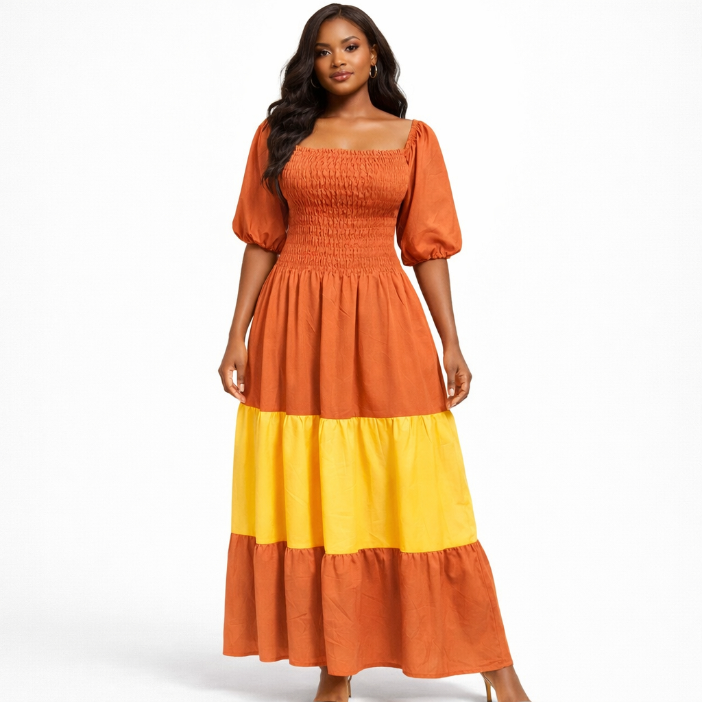 Quality Smocked Bodice Tiered Midi Dress with Puff Sleeves