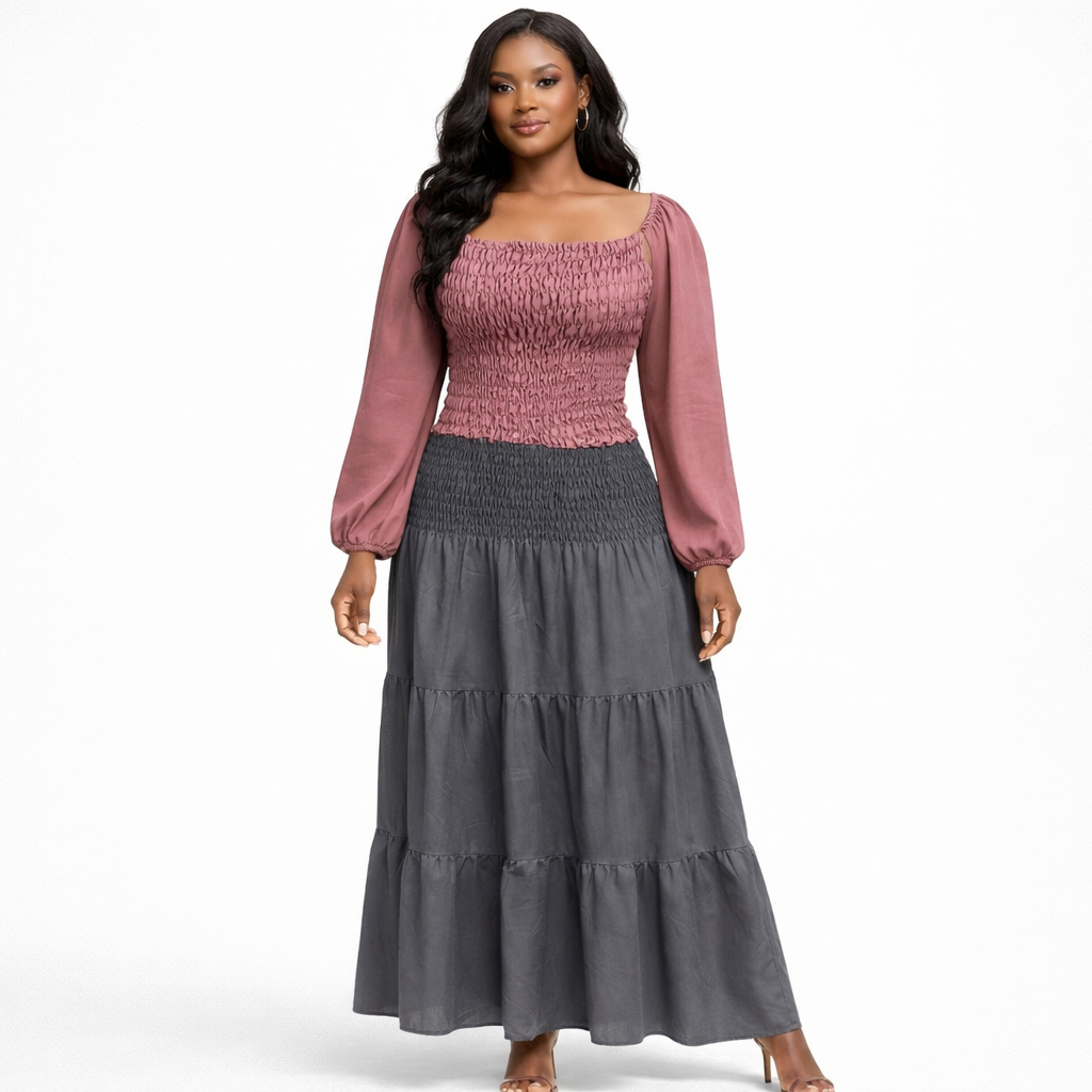 Smocked Off Shoulder Top and Tiered Maxi Skirt Set