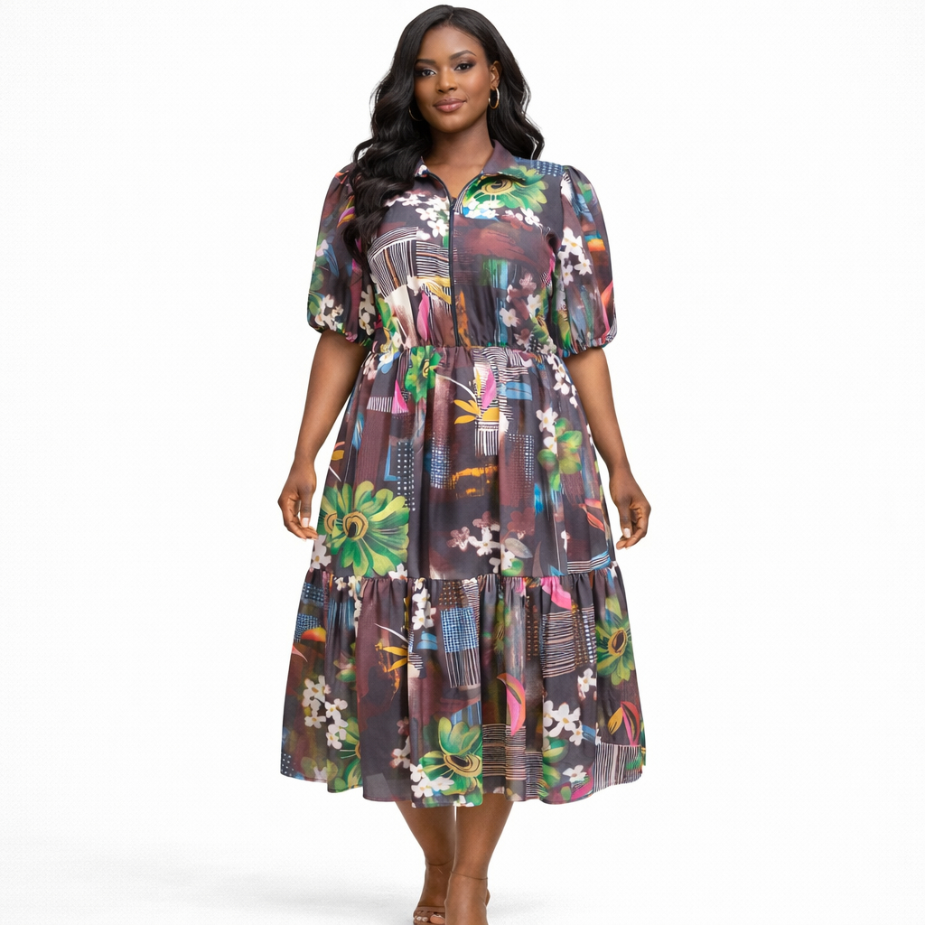 Womens Short Sleeve Printed Midi Dress with Zip Front