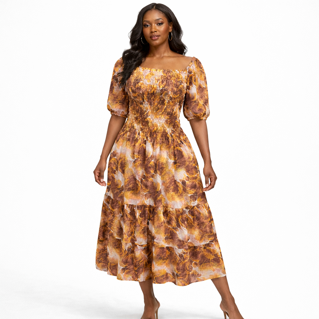 Smocked Puff Sleeve Midi Dress