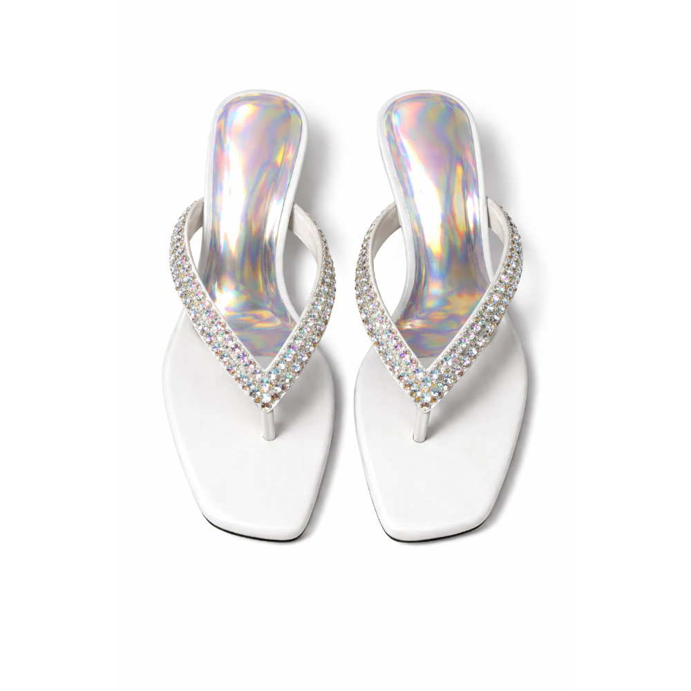 White Holographic Rhinestone Heeled Slippers for Women