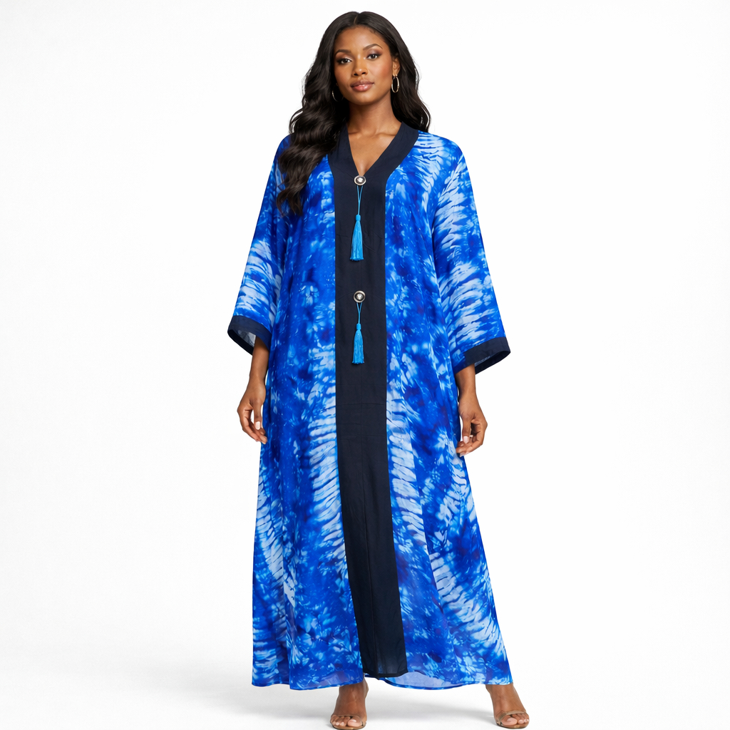 Quality Blue Tie Dye Button front Kaftan Dress