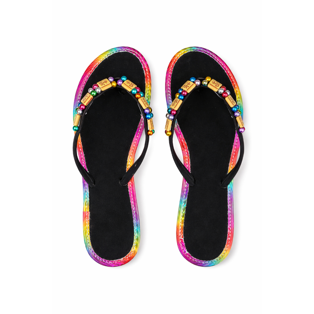 Womens Beaded Flip Flop Slippers with Multicolor Trim