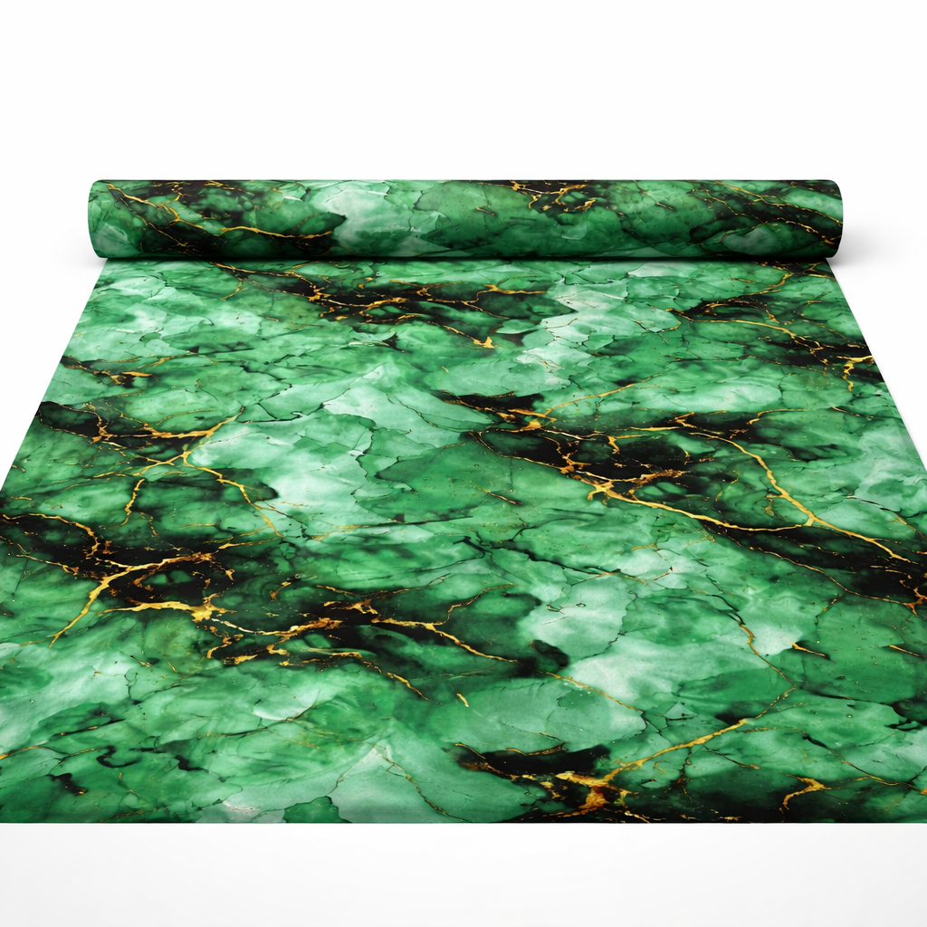 Green Abstract Marble Pattern Fabric with Gold Accents