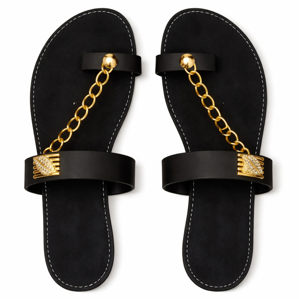 Womens Black Flat Sandals with Gold Chain Detail