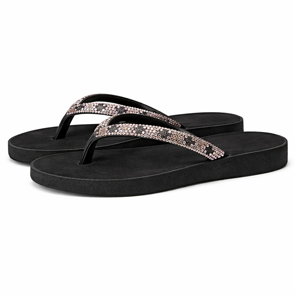 Women Black Platform Flip Flops with Rhinestone Strap