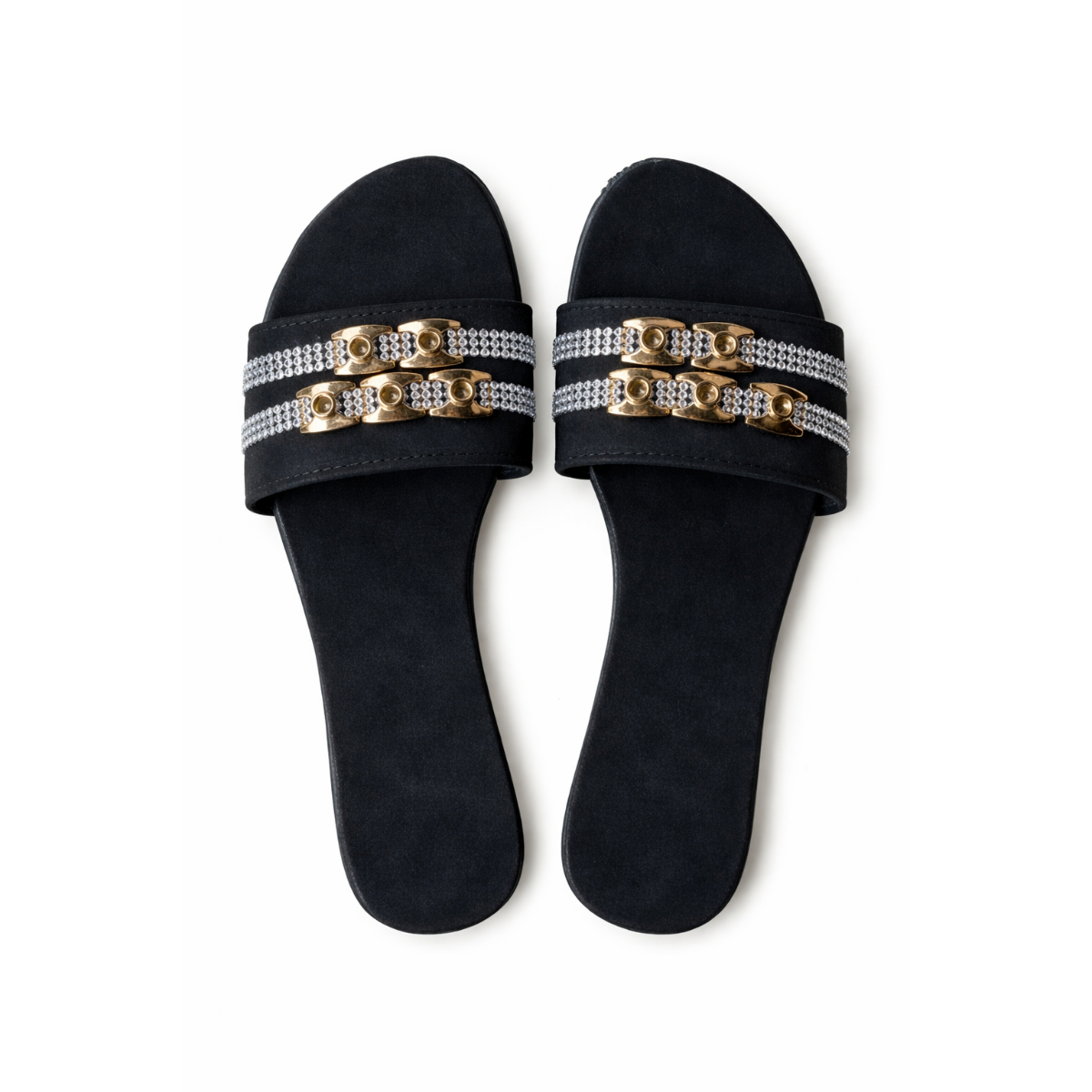 Women Black Slide Sandals with Gold Chain and Rhinestone Strap