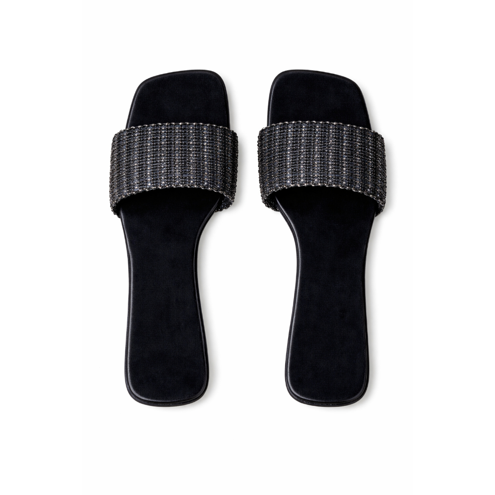 Women Black Slide Sandals with Ribbed Textured Strap