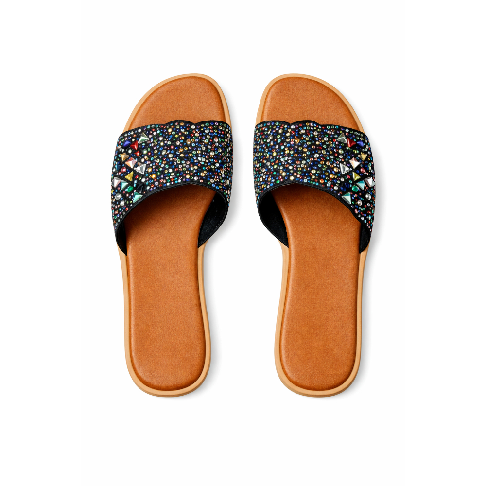 Women Studded Slide Sandals with Multicolor Crystal Strap