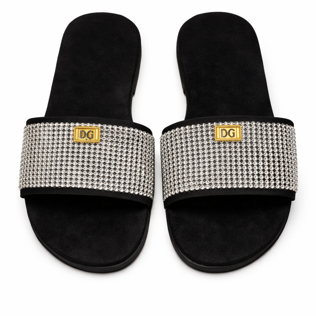 Womens Rhinestone Strap Flat Slide Sandals
