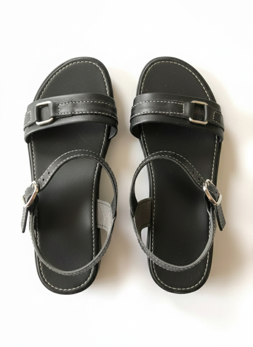 Womens Black Flat Sandals with Adjustable Buckle Straps