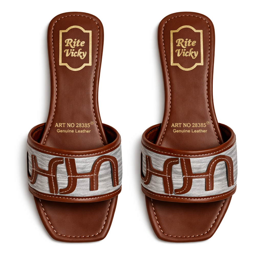 Women Flat Slide Sandal with Patterned brown and silver Strap