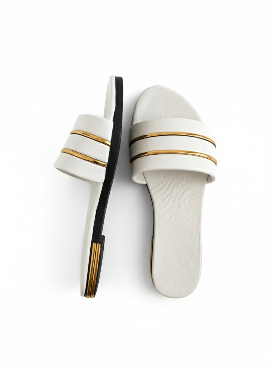 Women White Glossy Flat Slides with Gold Accent Straps