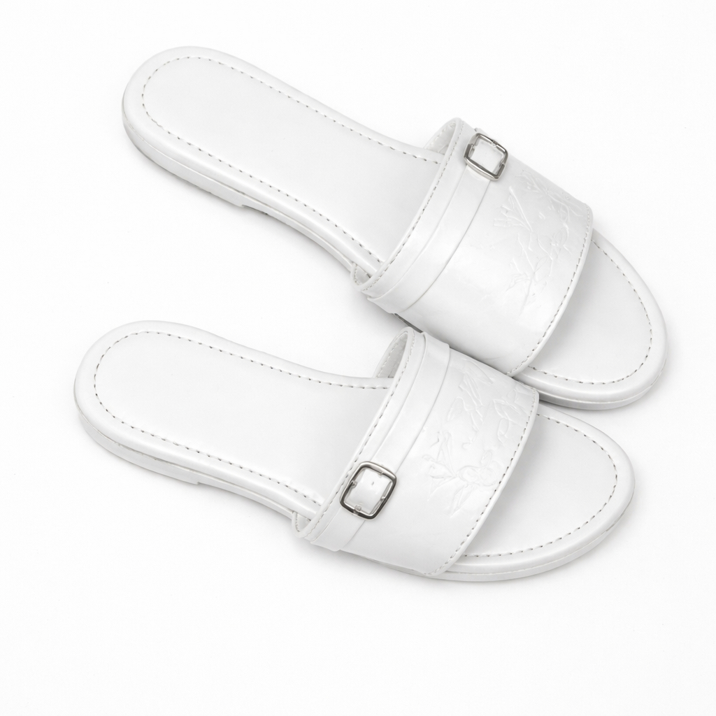 Womens White Buckle Strap Flat Slide Sandals