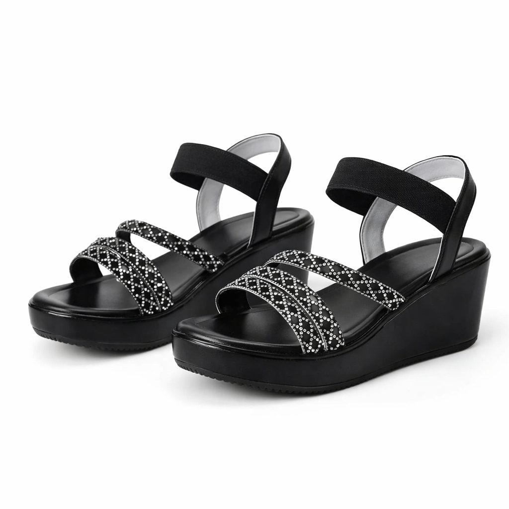 Black Rhinestone Strap platform Sandals with Ankle Band