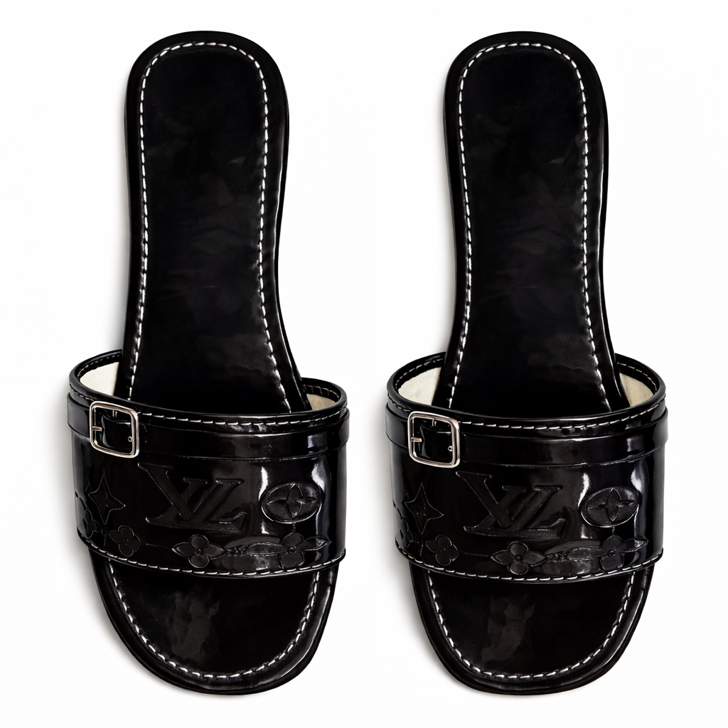 Womens Glossy Strap Flat Slide Sandals