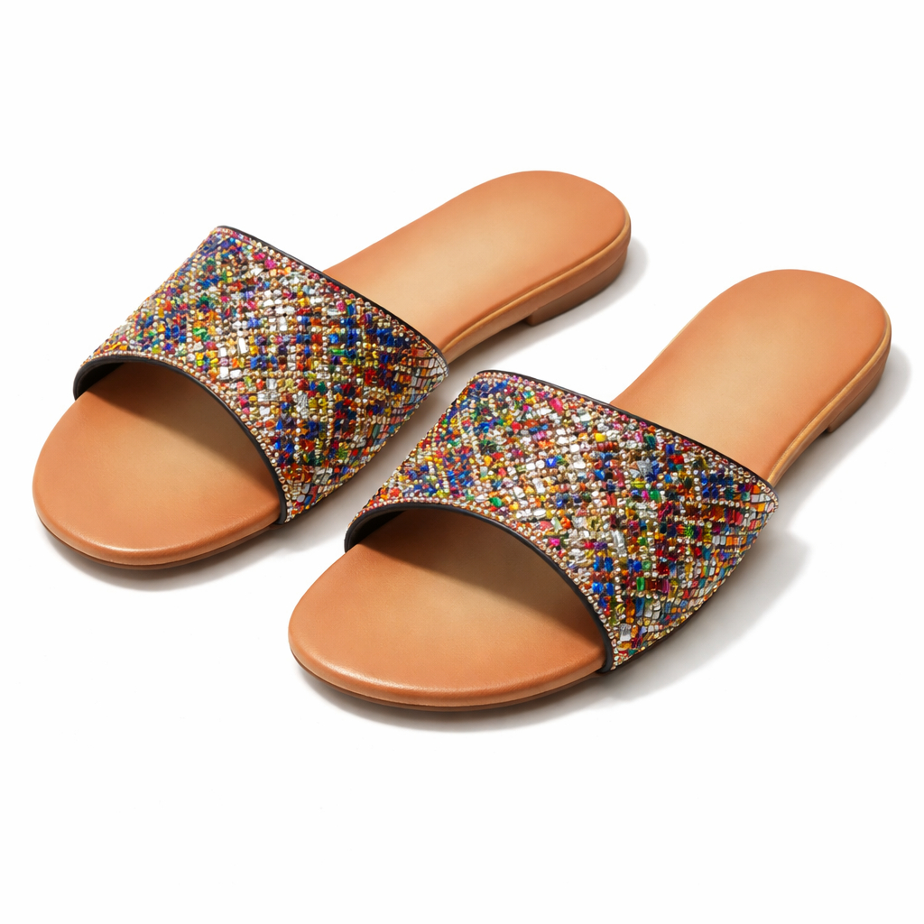 Quality Multicolor Beaded Flat Slide Sandals