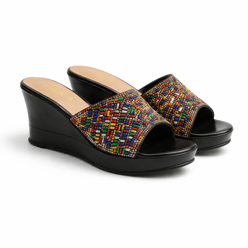 Women Beaded Wedge Slide Sandals