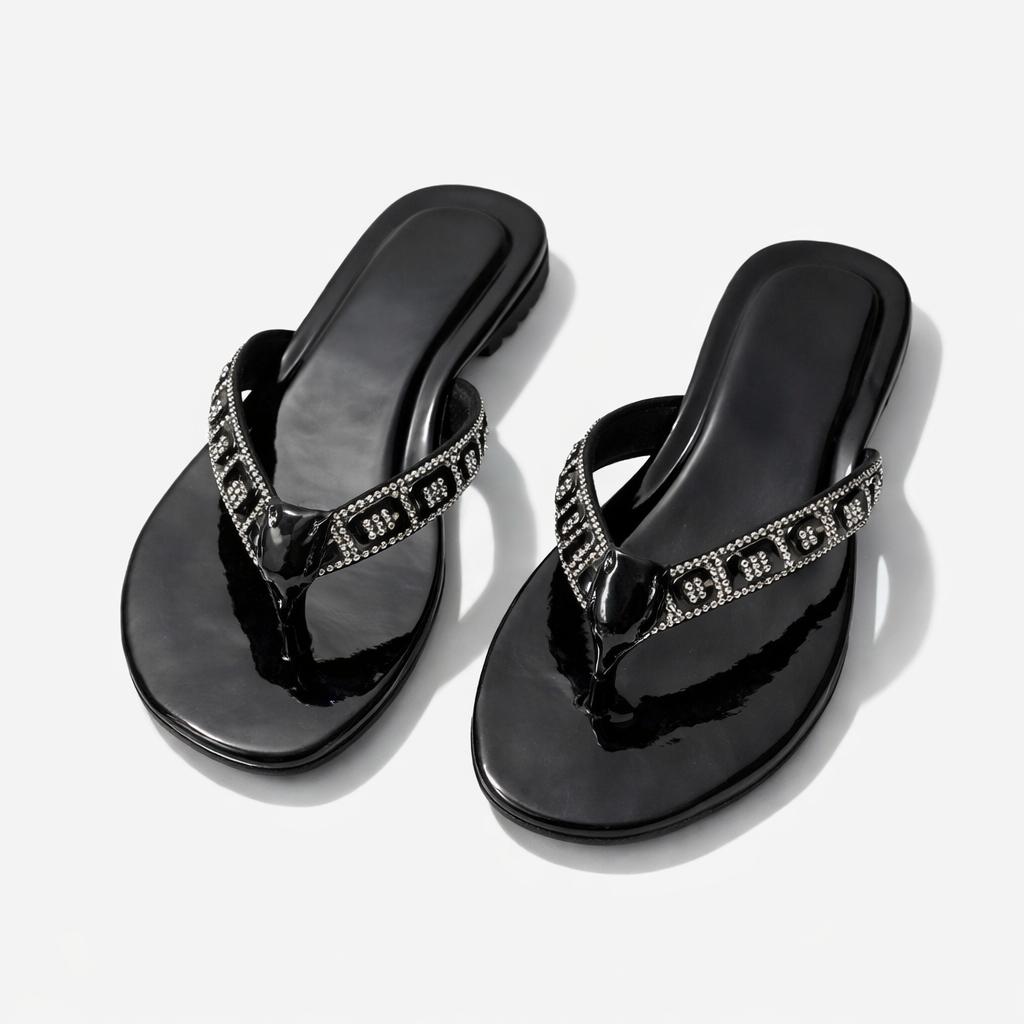 Black Embellished Flat Thong Sandals