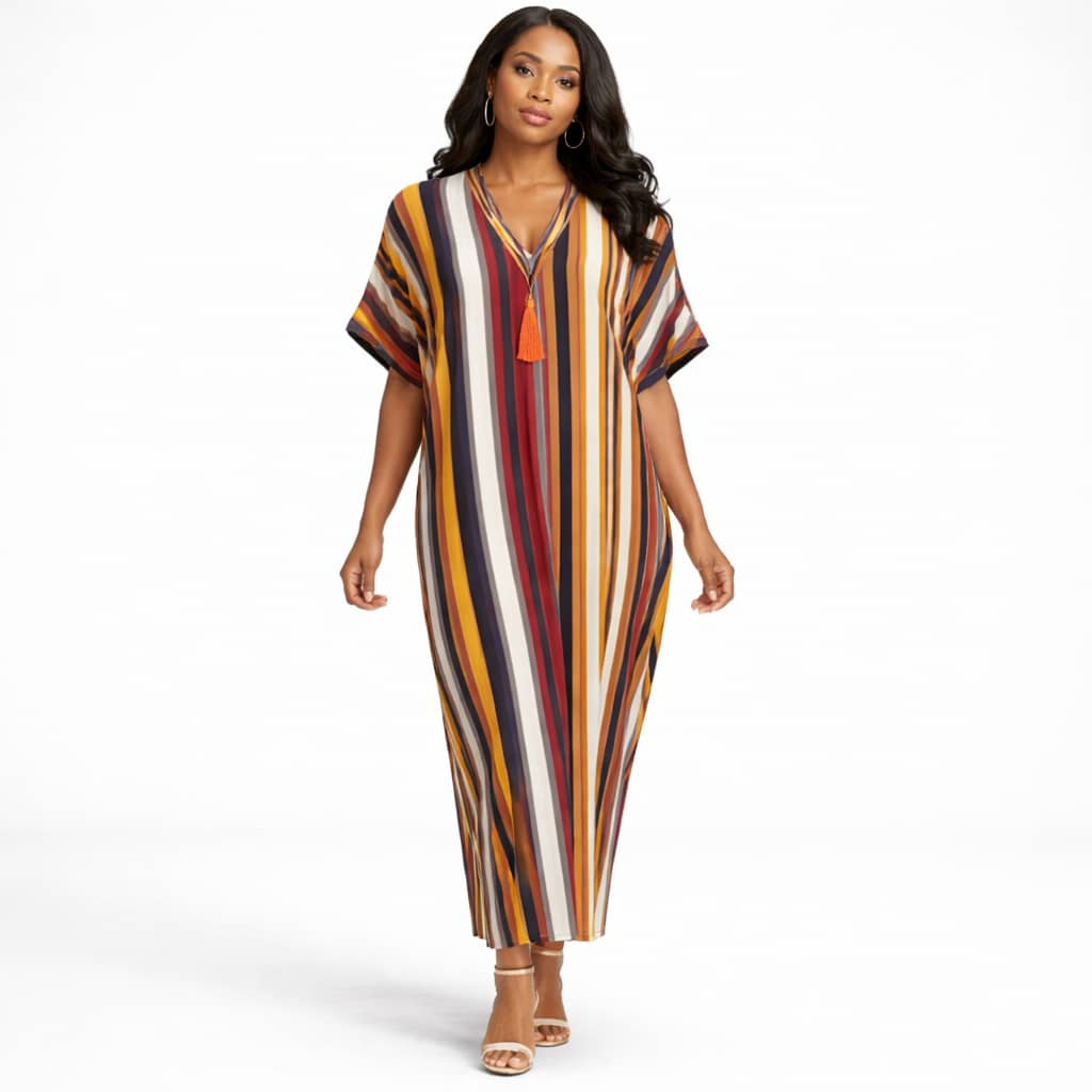 Womens Striped V Neck Kaftan Dress
