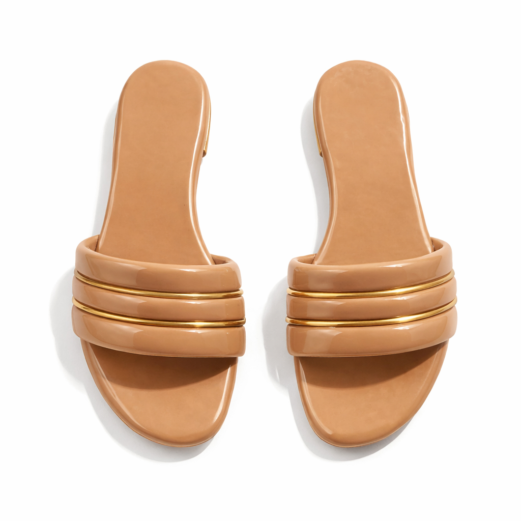 Glossy Triple Strap Flat Slide Sandals