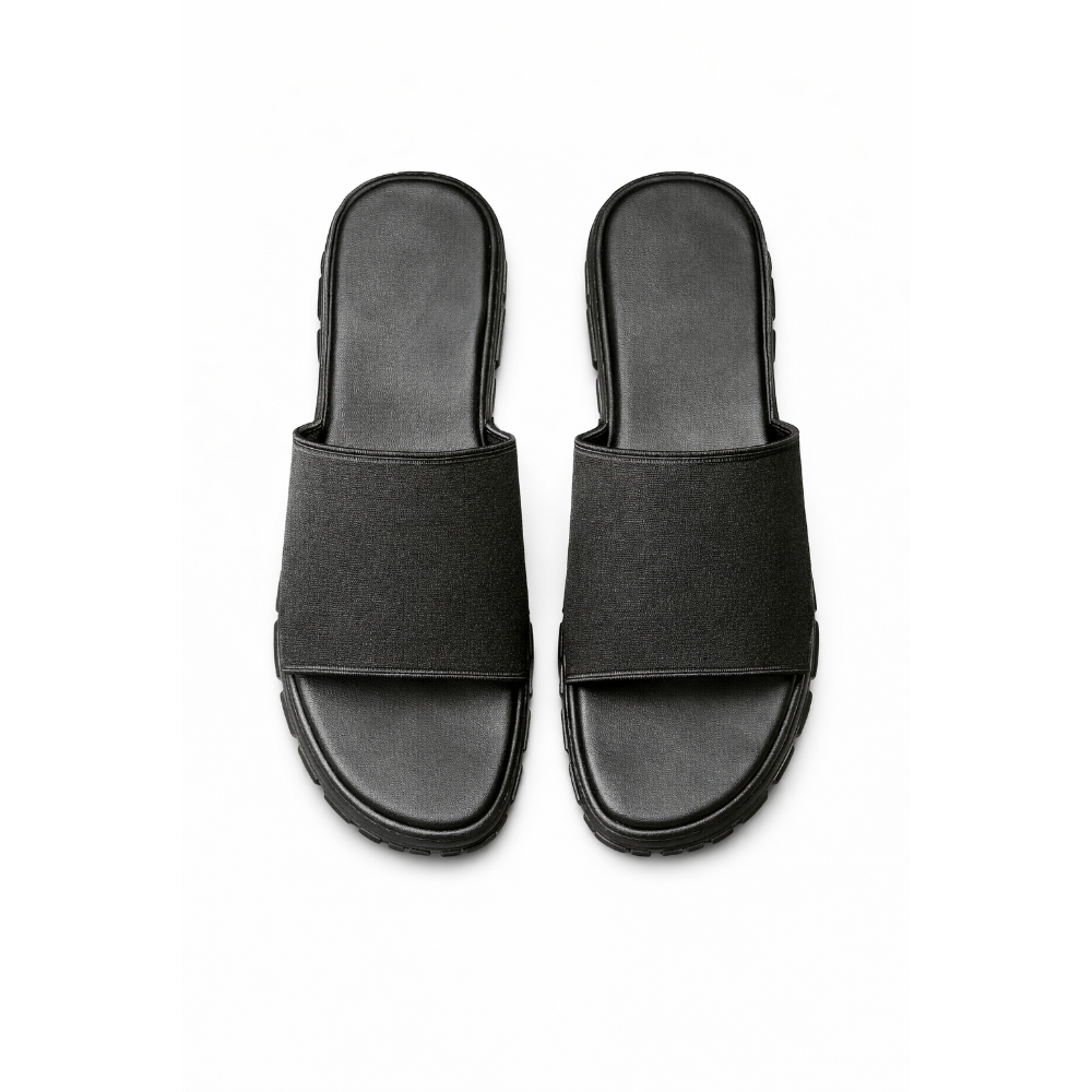 Women Black Elastic Strap Flat Slide platform Sandals