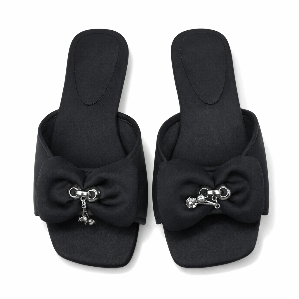 Padded Bow Flat Slide Sandals with Decorative Silver Accent