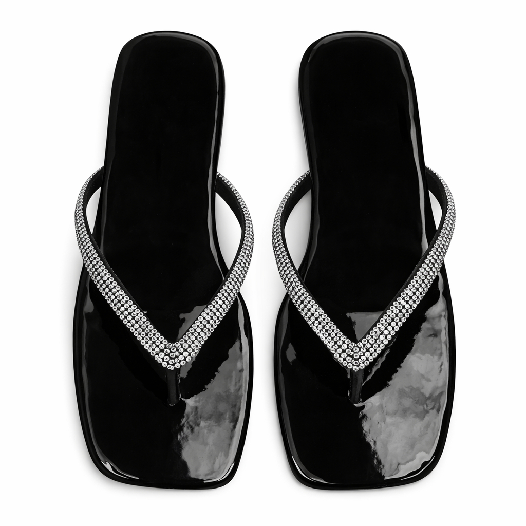 Rhinestone Strap Flat Slide Sandals with Square Toe