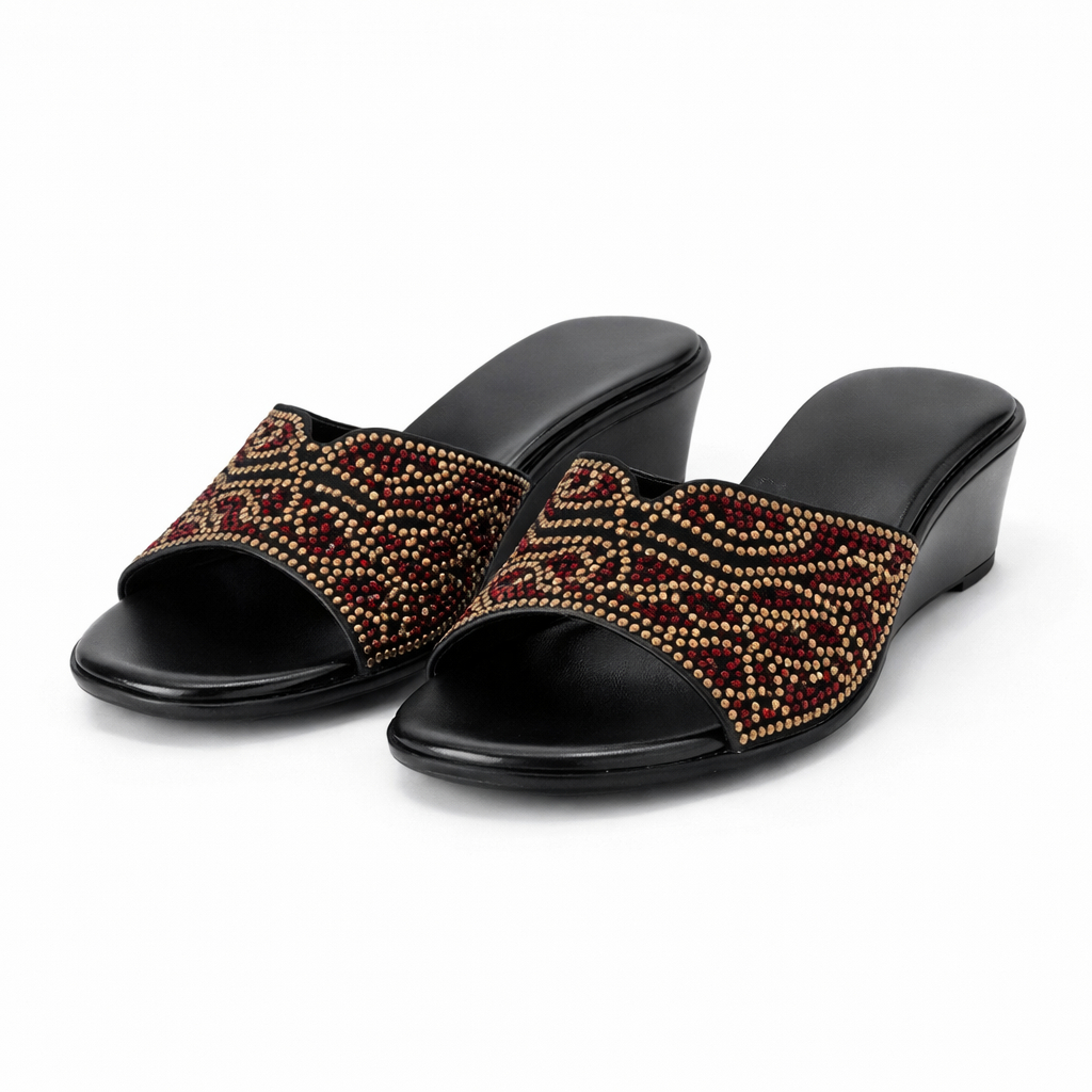 Women Flat Slide Sandals with Studded Pattern Strap