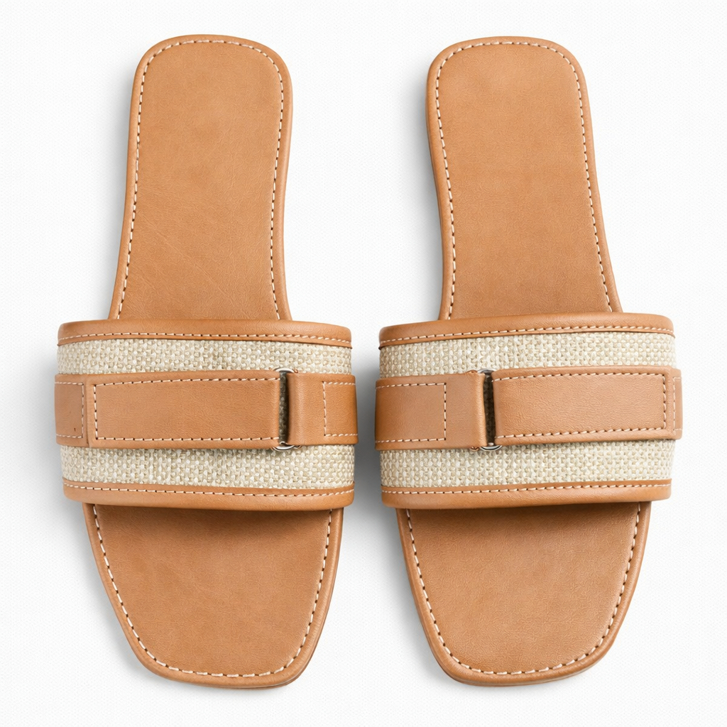Elegant Womens Flat Slide Sandals with Textured Wide Strap
