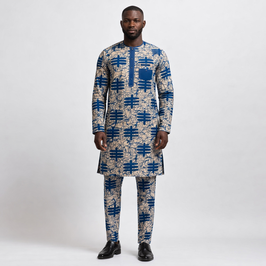 Cream and Blue Ankara Fabric