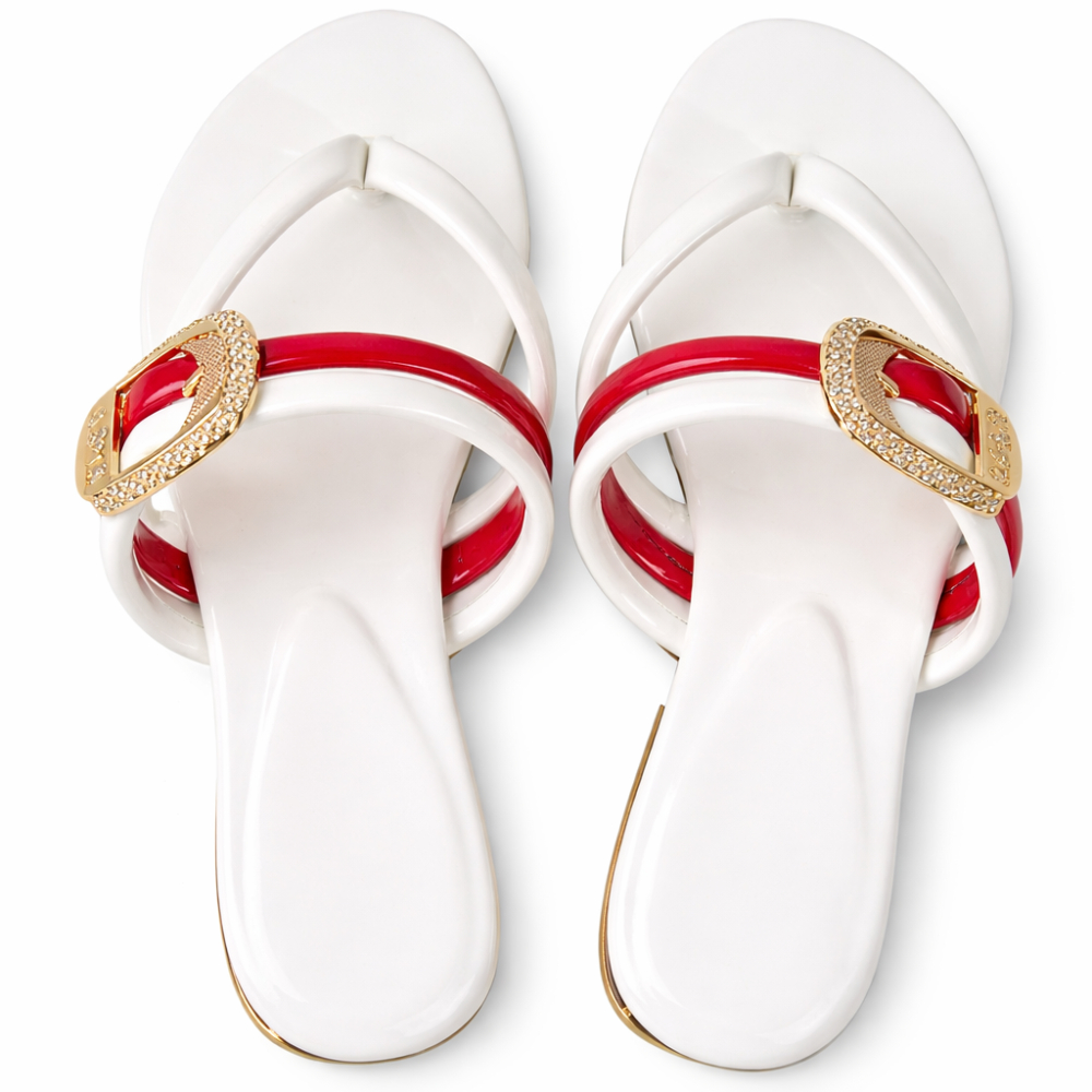 White Flat Slide Sandals with Red Accent Strap and Gold Buckle