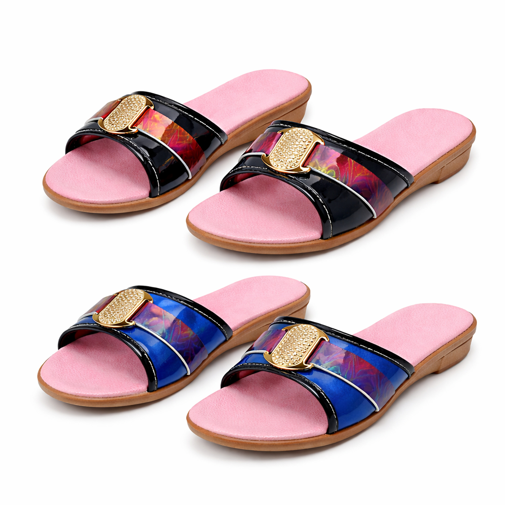Women Open Toe Slip On Flat Sandals with Decorative Strap