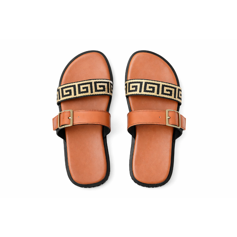 Womens Flat Sandals with Patterned Fabric Strap and Back Support