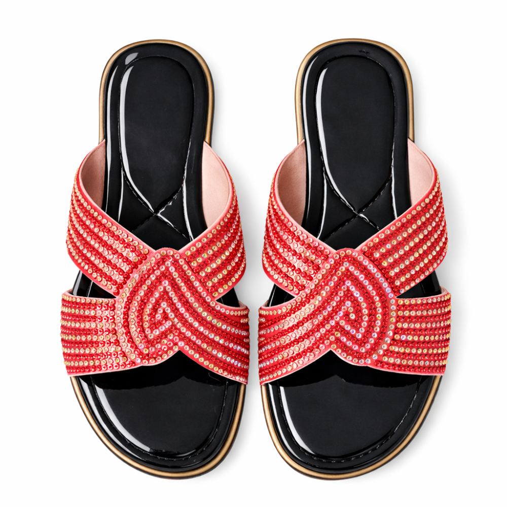 Women Flat Slide Sandals with Red Crystal Embellished Cross Strap