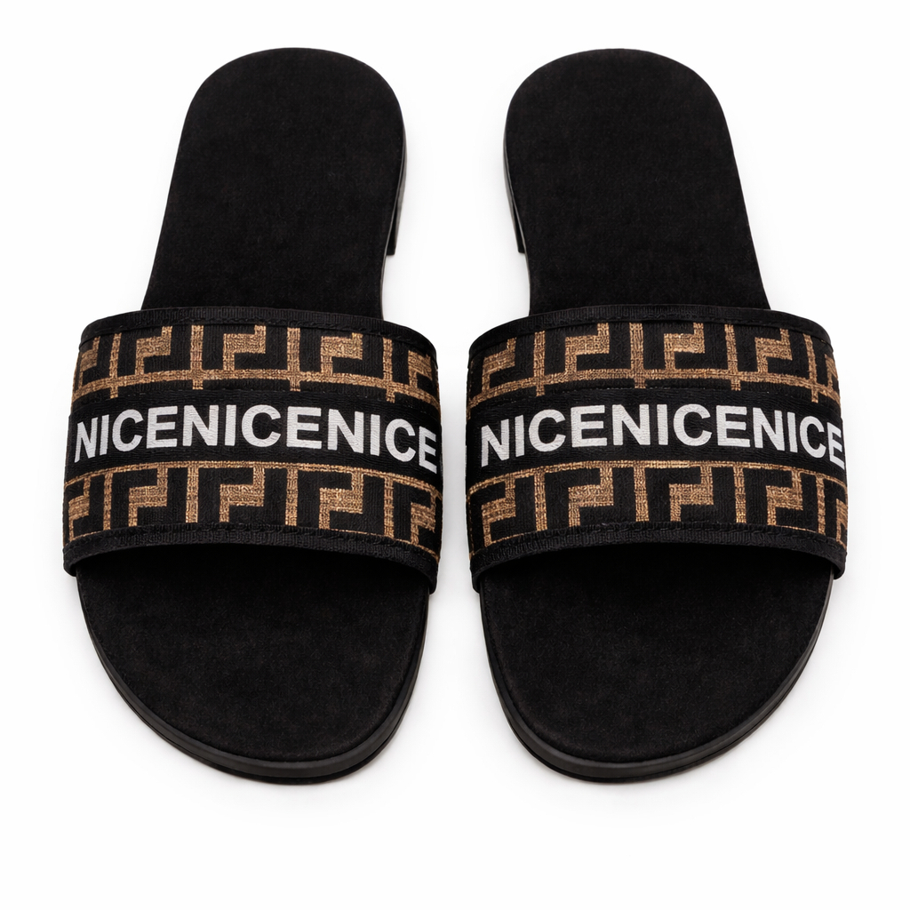 Elegant Womens Flat Slide Sandals with Patterned Strap