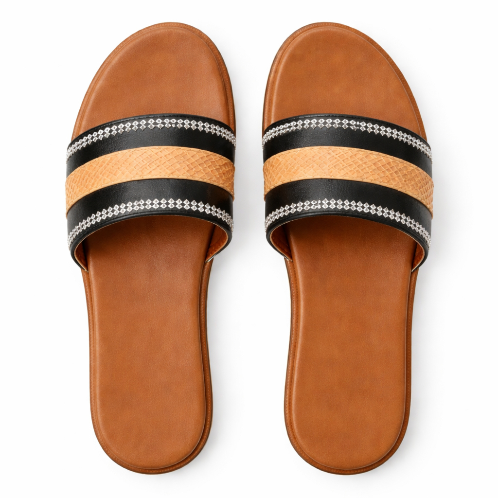 Women Black and Brown Double Strap Slide Sandals
