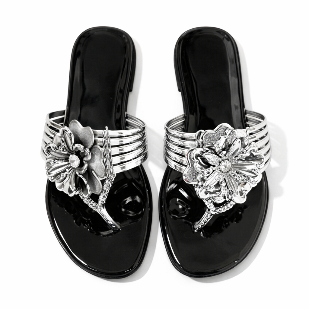 Womens Flat Slide Sandals with Metallic Flower Detail
