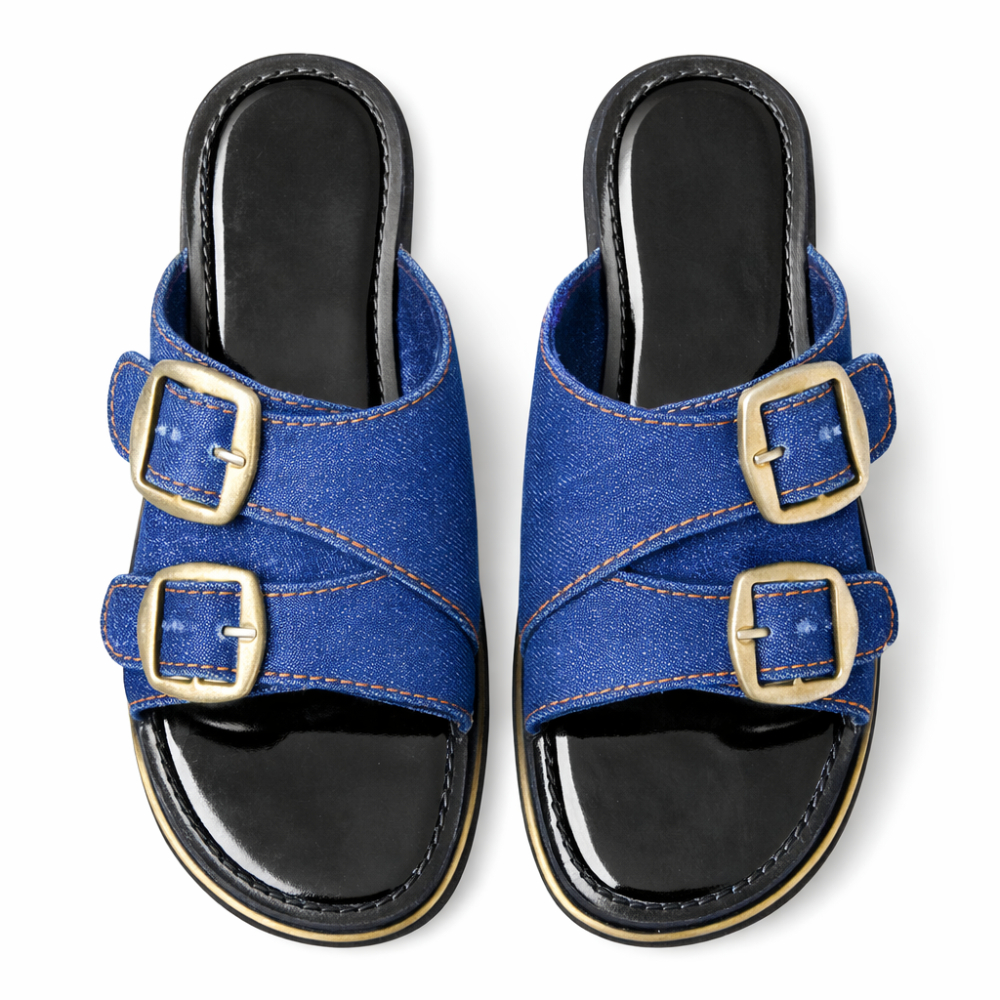 Women Denim Flat Slide Sandals with Dual Buckle Straps