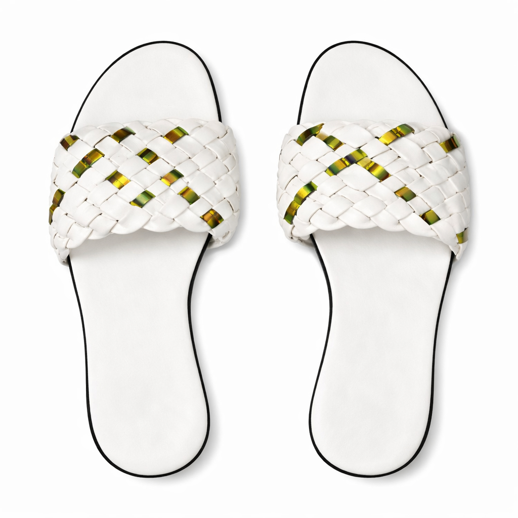 Women white Woven Slide Slippers with Metallic Accent Details