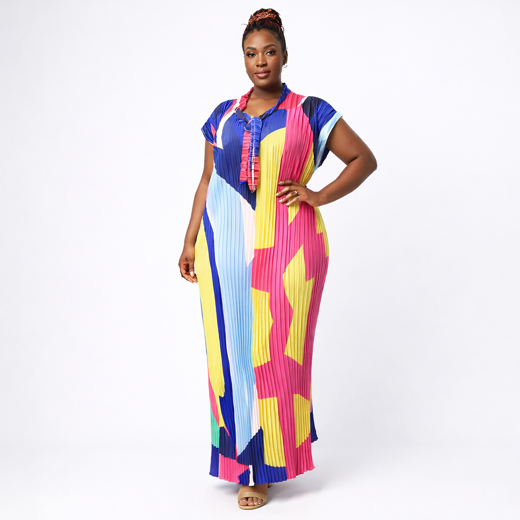 Premium Multicolor Pleated Print Maxi Gown