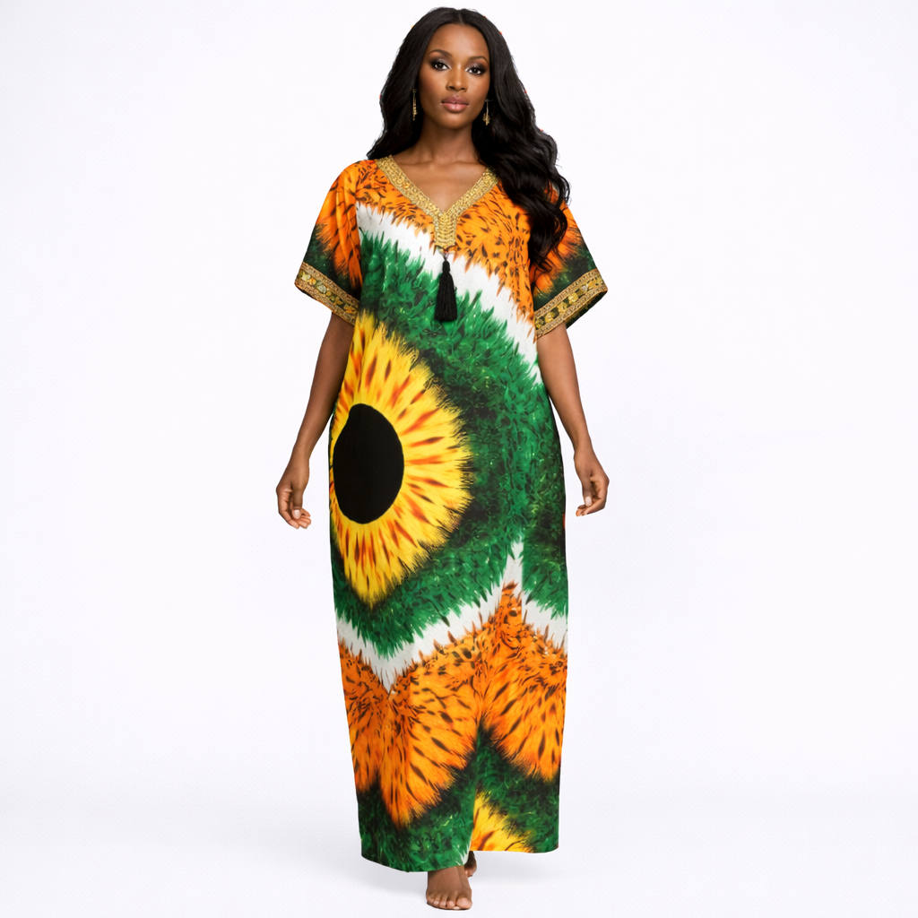 Printed V Neck Long Dress Fabric with Tassel Detail