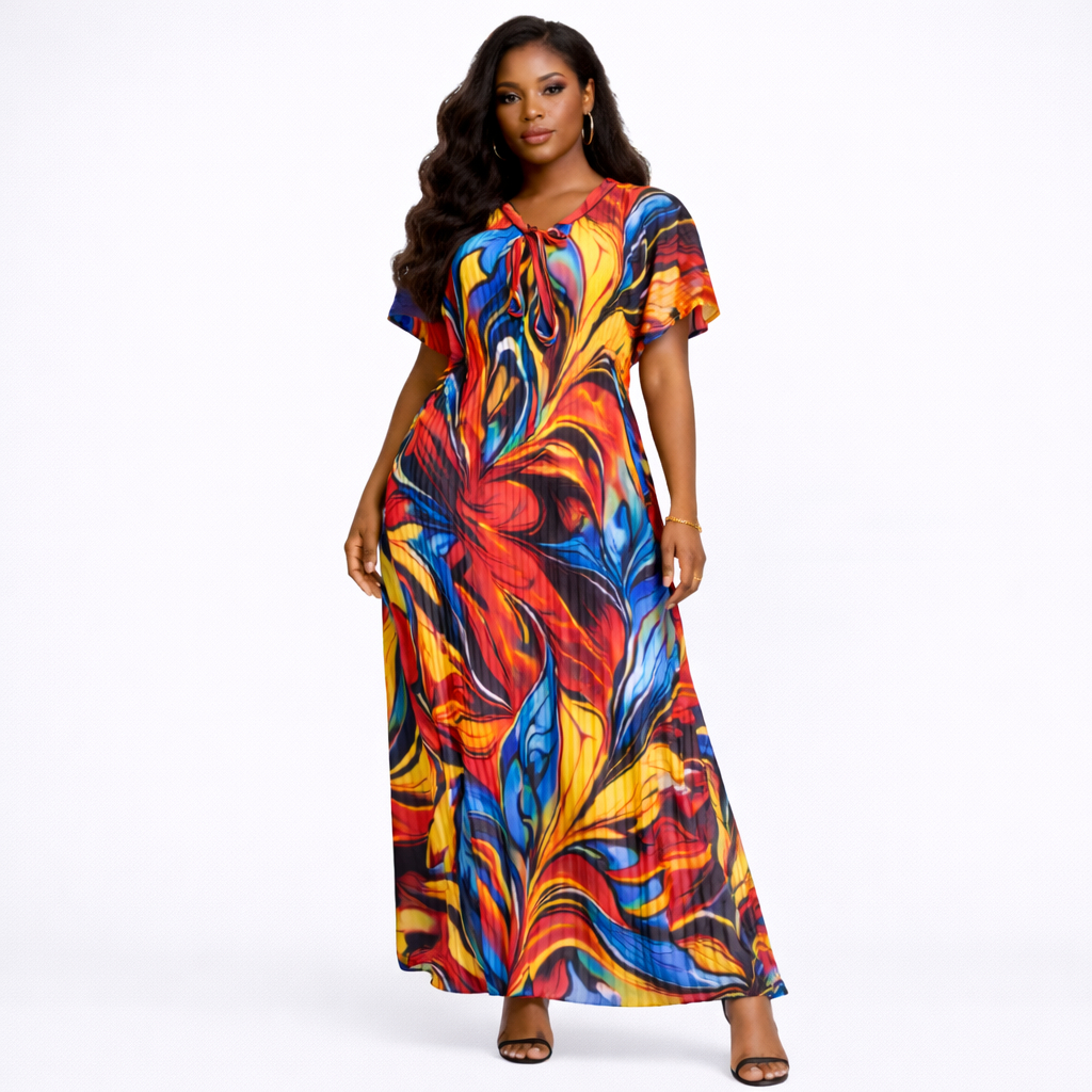 Multicolor Pleated Abstract Print Kaftan Dress